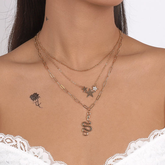 N8988 multi-layer snake-shaped pendant necklace personalized five-pointed star fashion necklace temperament creative necklace female