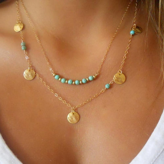 Jewelry Multilayer Disc Pendant Turquoise Pendant Necklace Ladies Necklace