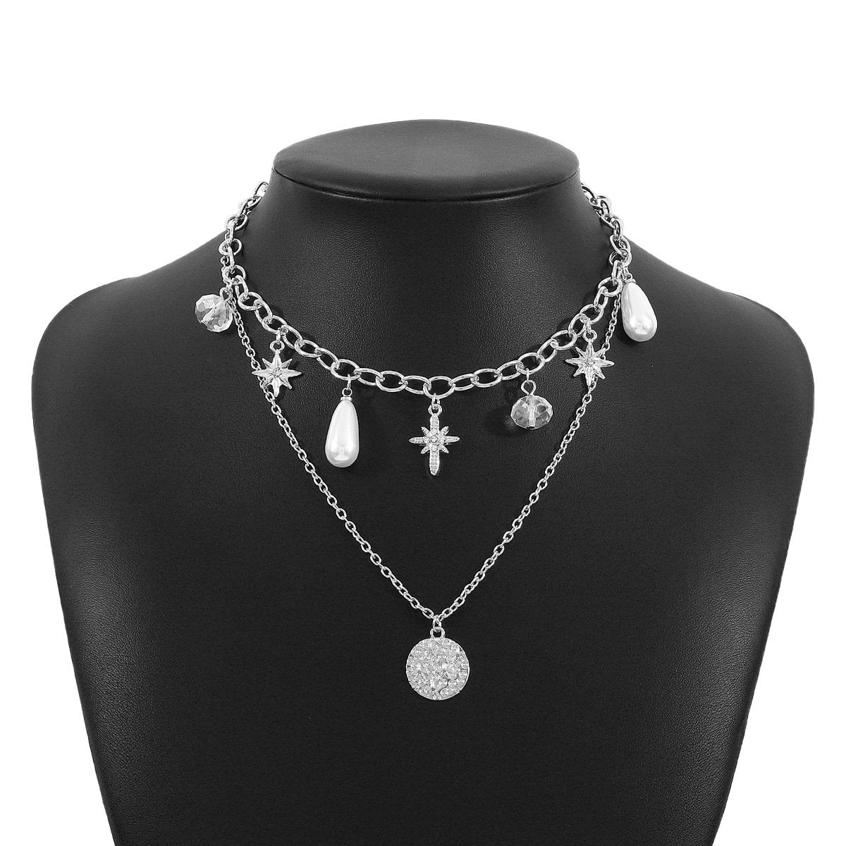 N161 Accessories Pearl Crystal Double Layer Simple Necklace Octagram Disc Temperament Necklace Female