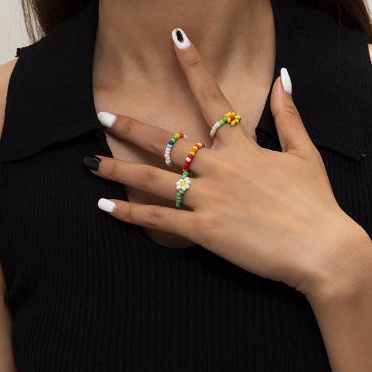 Bohemian Holiday Colorful Beads Ring Set Female Daisy Flower Ring Jewelry