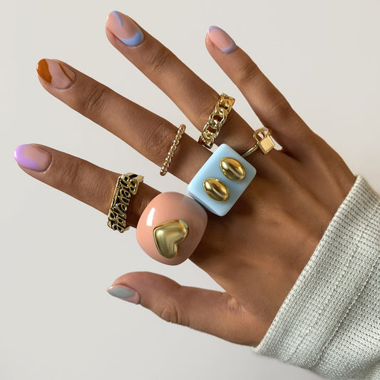 Mix and match lock-shaped peach heart letters multi-element ring set macaron color acrylic stacked rings for women
