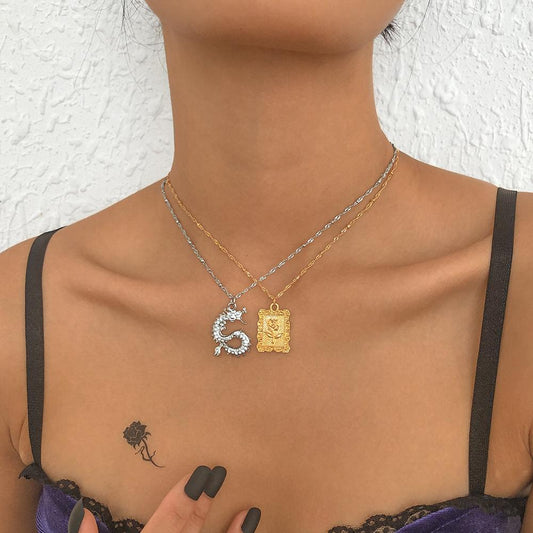 N9271 Double Necklace Square Brand Rose Embossed Necklace Chinese Dragon Micro-inlaid Temperament Necklace for Women