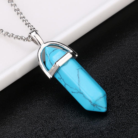 Crystal Hexagon Pillar Pendant Necklace Natural Stone Alloy Necklace Clavicle Chain