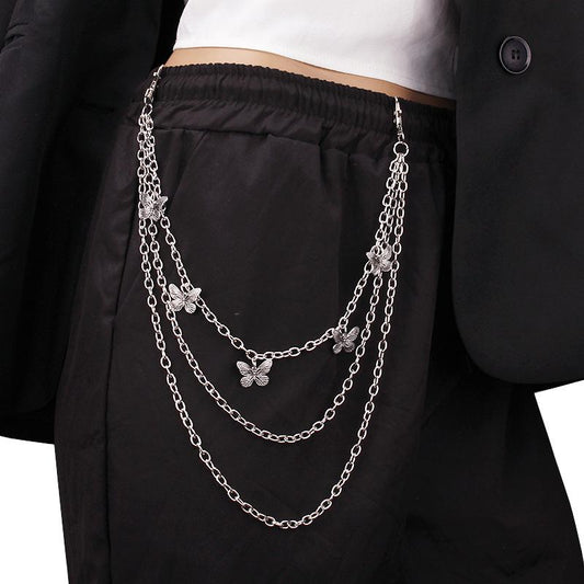 Jewelry Trend Versatile Butterfly Pendant Three-layer Pants Chain Matching JK Jeans Fashion Body Chain