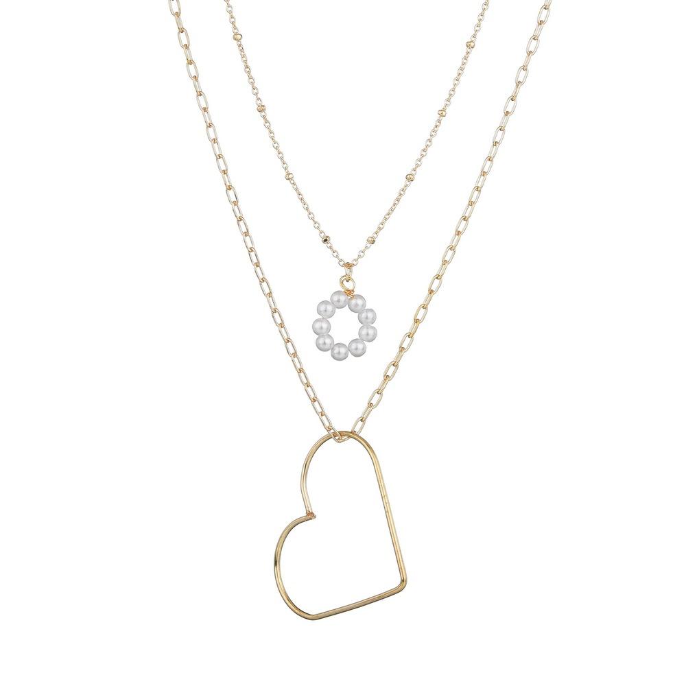 Vintage Double Layer Pearl Necklace Fashion Simple Metal Heart Necklace Accessories