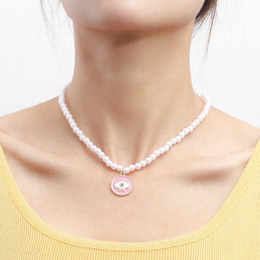 Jewelry Acrylic Pearl Beaded Necklace Devil's Eye Pendant Necklace Niche Short Style Jewelry