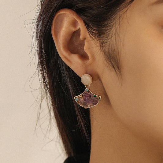 Jewelry fashion fan-shaped purple amethyst broken diamond head earrings personality drop oil color diamond group pendulum earrings