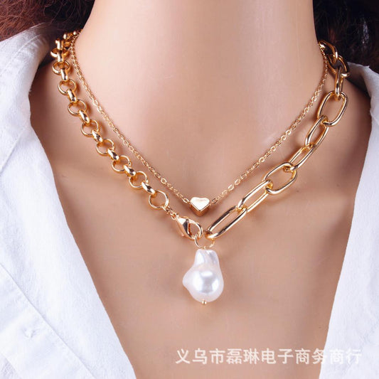 Jewelry baroque special-shaped pearl copper peach heart multi-layer simple necklace female two-piece set