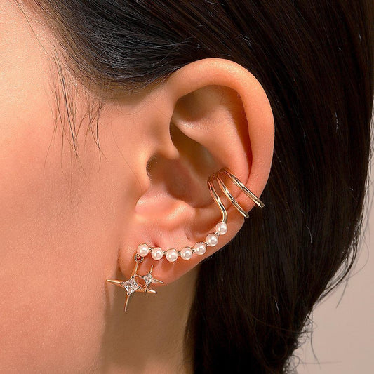 Ins diamond-studded four-pointed star ear clip without ear hole fashion temperament niche pearl ear bone clip temperament earrings female