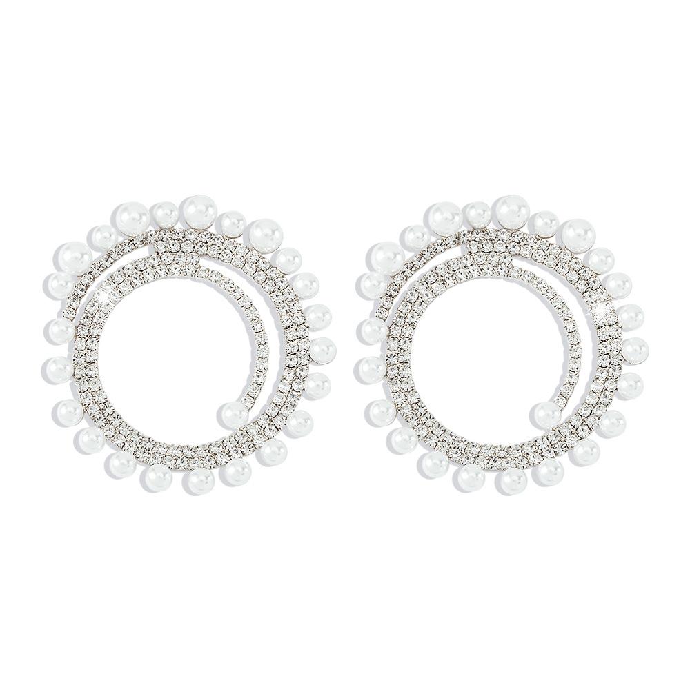 E1263 Jewelry Personality Diamond Round Earrings Exaggerated Night Light Luxury Imitation Pearl Earrings Women