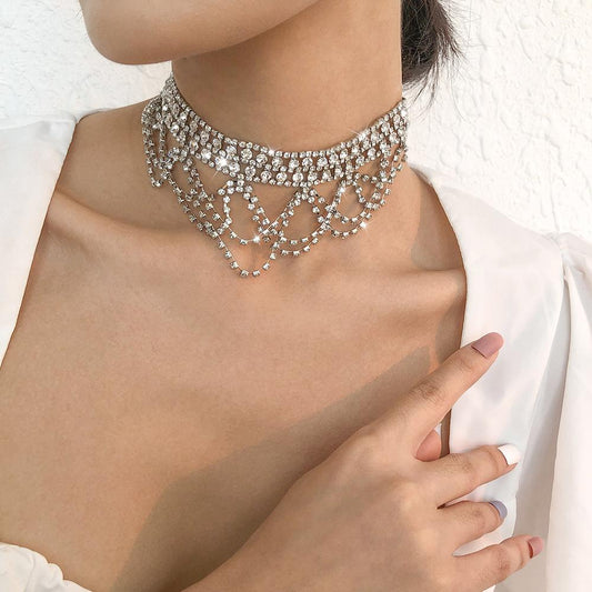 N95 Fashion Personality Beam Necklace Full Diamond Super Flash Lace Clavicle Chain Banquet Design Sense Necklace Women