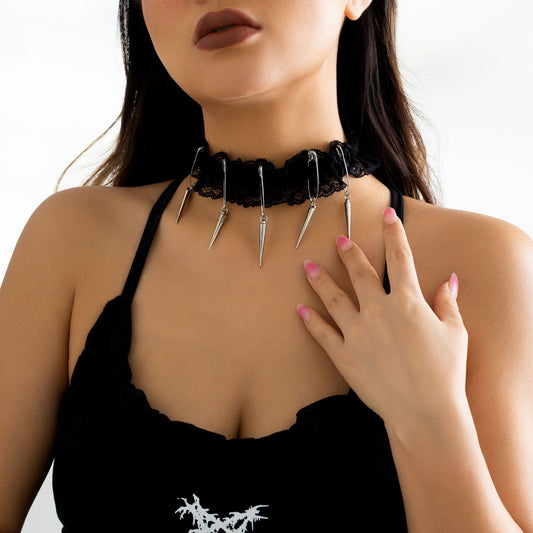 Jewelry sweet cool dark brooch rivet necklace choker female simple tassel lace necklace