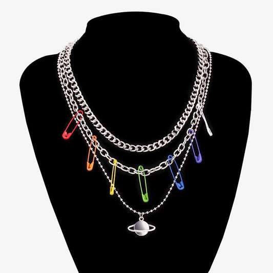 Jewelry Hip Hop Punk Stacked Metal Necklace Sweet Cool Color Pin Niche Planet Necklace