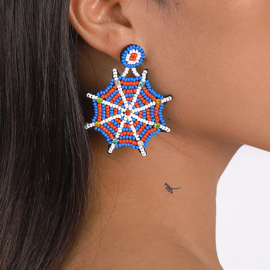 E179 Halloween Personality Handmade Rice Bead Necklace Micro-inlaid Spider Web Punk Hip Hop Exaggerated Earrings Female