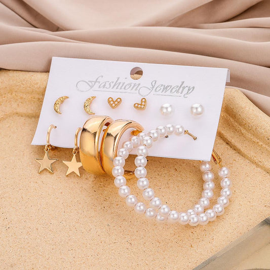 Trendy simple five-pointed star pearl love moon earring small fresh ins retro earring set