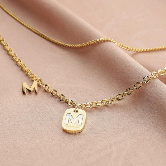 Fashion Stainless Steel Geometric Gold Letter M Shell Pendant Titanium Steel Double Layer Necklace Clavicle Chain Women