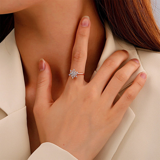 Net red same style copper inlaid zircon snowflake ring Christmas gift simple opening index finger ring cold female