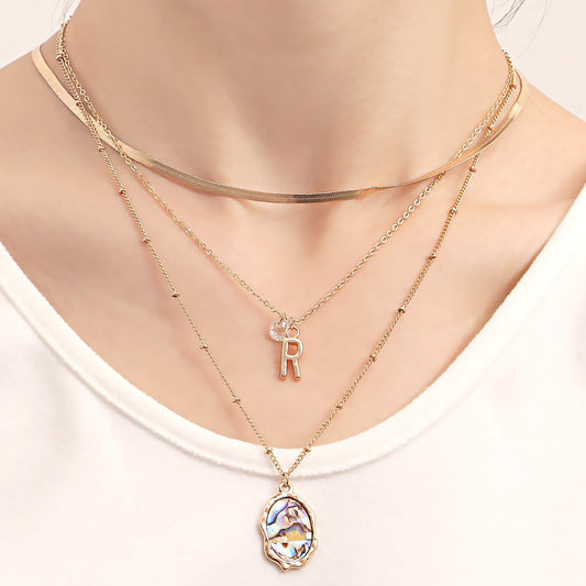 Jewelry Simple Letter R Necklace Multilayer Necklace Female Imitation Baroque Pearl Shell Versatile Necklace