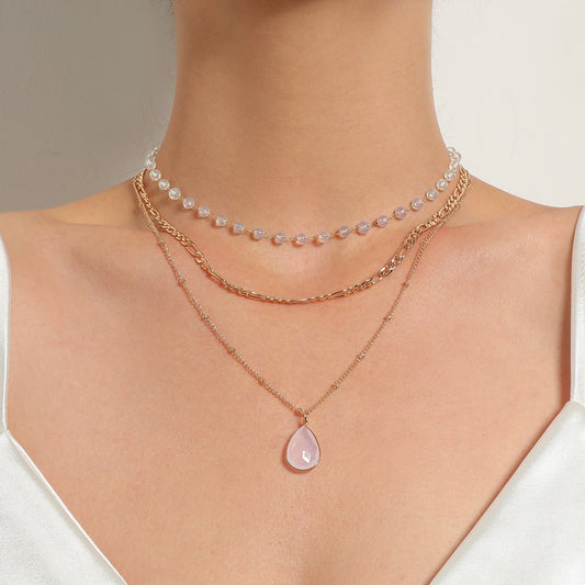 Jewelry multi-element protein bead crystal pendant necklace fashion three-to-one chain water drop necklace