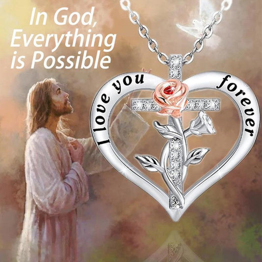 Explosive jewelry fashion simple heart-shaped cross two-color rose diamond necklace for ladies