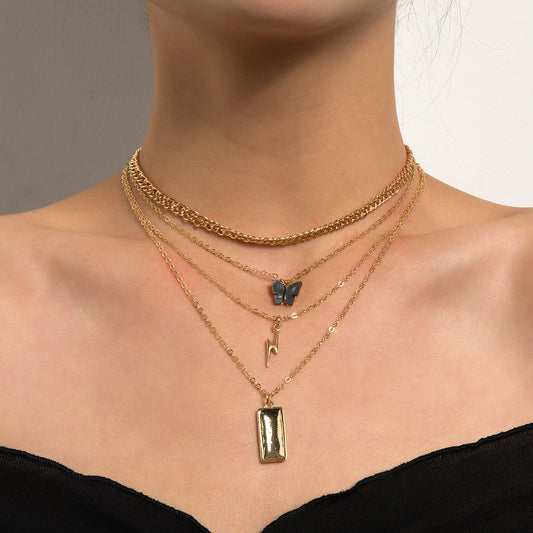 Jewelry Butterfly Lightning Nugget Pendant Retro Fashion Multilayer Alloy Short Necklace Women