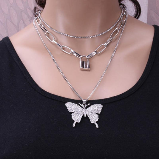 Jewelry Retro Geometric Lock Shape Simple Chain Multilayer Necklace Big Butterfly Micro-inlaid Set