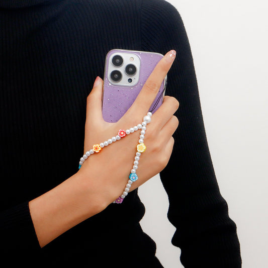 Simple flower color contrast bag lanyard accessories pastoral acrylic pearl beaded mobile phone chain lanyard