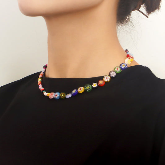 Jewelry Couple Fashion Beaded Clavicle Chain Summer Fresh Necklace Glass Rainbow Flower Necklace