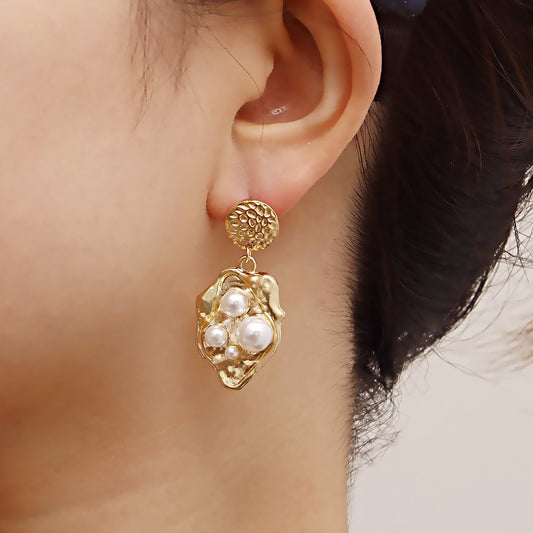 Jewelry golden fold petals inlaid pearl shell pendant earrings women's high sense earrings accessories