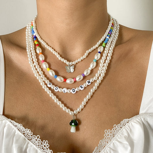 Jewelry creative mix and match multi-variety mushroom butterfly necklace set beaded imitation pearl letter necklace