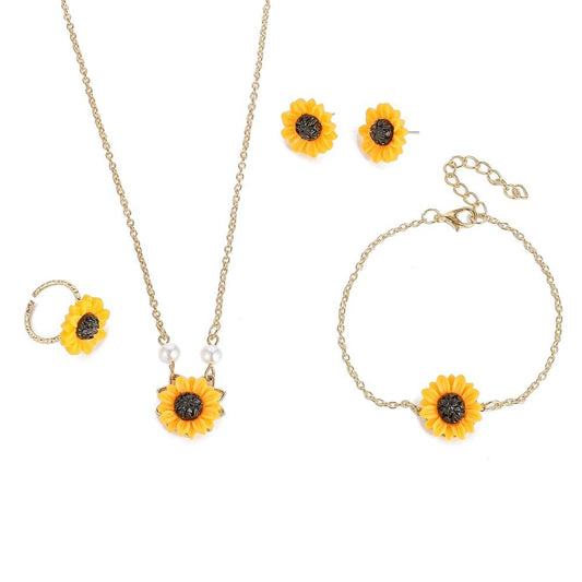 Necklace Earrings Four-piece Fashion Sunflower Pearl Pendant Set Cute Flower Clavicle Chain Female