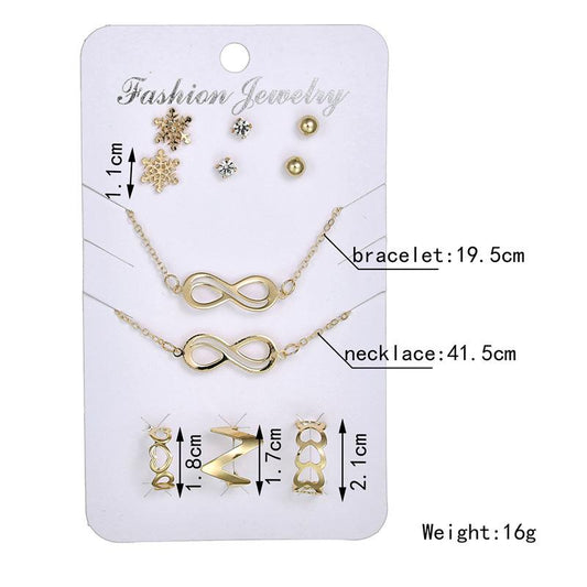 Punk Gold Plated Infinity Necklace Snowflake Stud Earrings Ring Bracelet Set Ornament