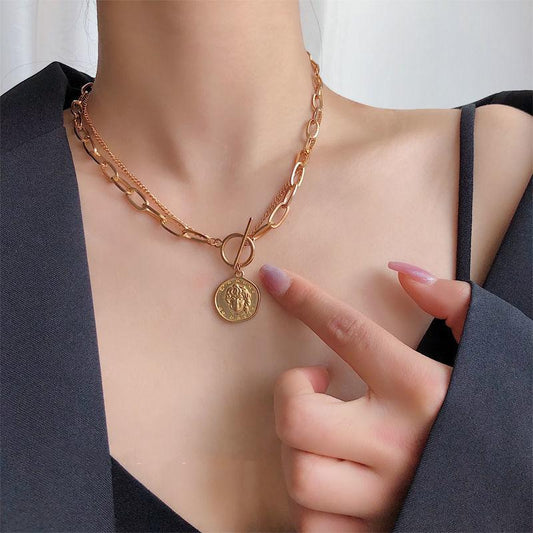 Popular Jewelry Fashion Irregular Avatar Pendant Necklace Ladies Double Layer Simple Chain Necklace