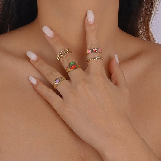 R79 Niche accessories drop oil love flower cherry ring exaggerated chain geometric ring female