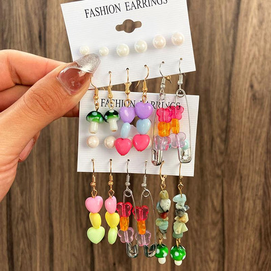 Ins color butterfly heart earring set fashion pearl flower mushroom earring six-piece set trendy