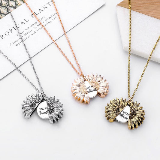 Charm Openable Sunflower Double Lettering Pendant Flower Necklace