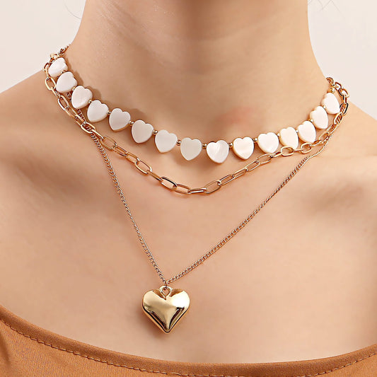 Jewelry ins multi-layer imitation white mother-of-pearl love pendant necklace female exaggerated big peach heart necklace