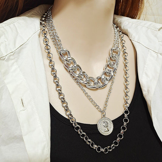 Jewelry Personality Exaggerated Chain Necklace Sweater Chain Simple Queen Pendant Multilayer Necklace Female
