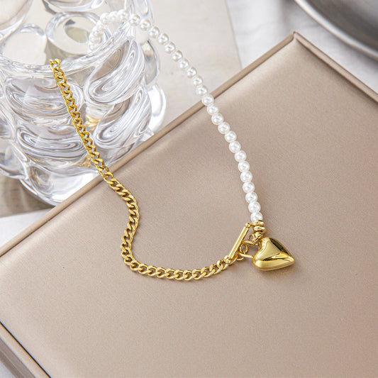 Natural freshwater pearl necklace women's titanium steel small heart necklace double stacked elegant clavicle chain jewelry