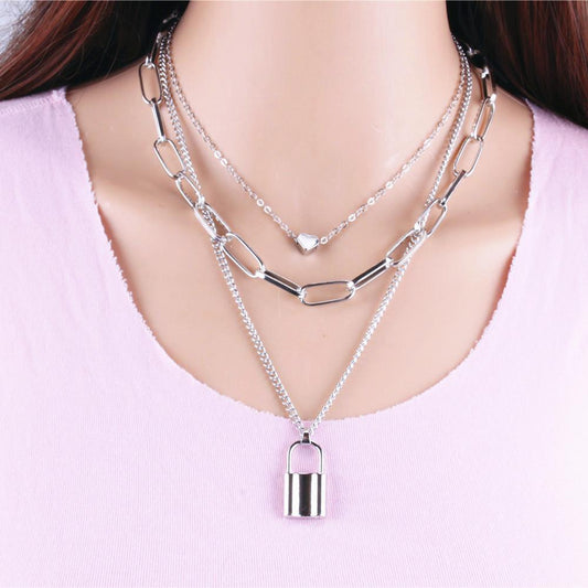 Jewelry Personality Punk Geometric Necklace Sweater Chain Female Simple Lock Shape Multilayer Peach Heart Necklace Female