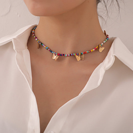 Jewelry Fashion Alloy Butterfly Pendant Necklace Femininity Simple Color Rice Beads Handmade Necklace