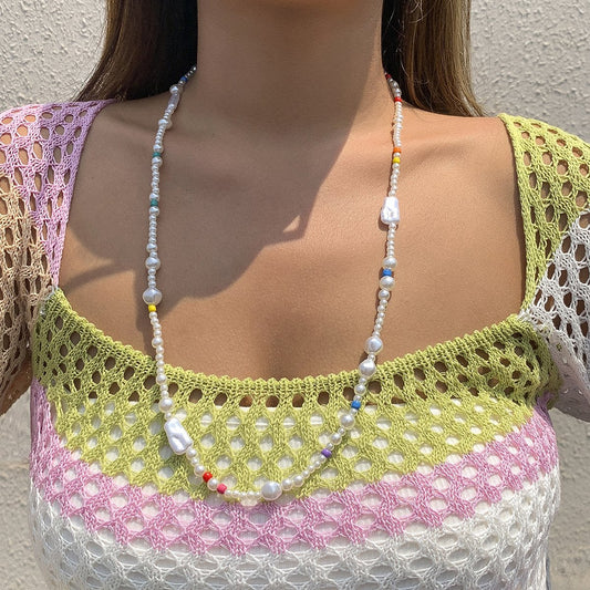 Jewelry Shaped Imitation Pearl Long Sweater Necklace Temperament Rice Beads Irregular Sweet Cool Necklace Women