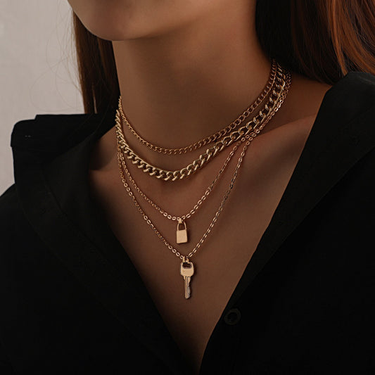 Jewelry popular key lock pendant necklace female punk retro exaggerated multi-layer necklace