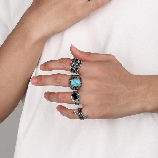 Trendy street photography luxury punk men's alloy creative personality exaggerated turquoise snake ring set