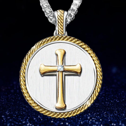 Cross Pendant Necklace Religious Belief Round Tag Necklace Men's Fashion Personality Jewelry Gift