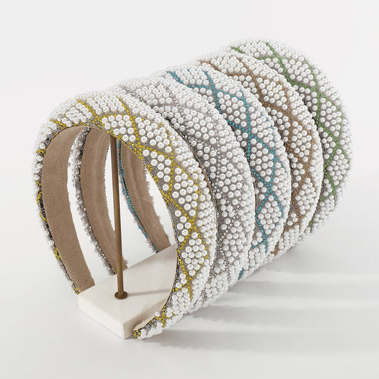 F4618 Retro Hong Kong Fashion Thick Sponge Headband Imitation Pearl Rhinestone Temperament Light Luxury High Skull Top Headband