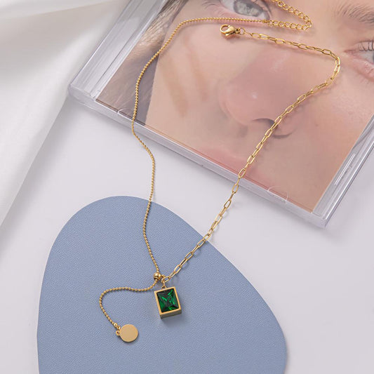 Green Pendant Titanium Steel Necklace Women's Light Luxury Niche Design Titanium Steel Never Fading Clavicle Chain Pull Adjustable Necklace