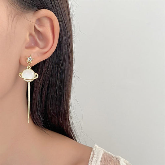 Ins space planet earrings female fashion temperament cat eye ball long tassel earrings personality earrings fashion