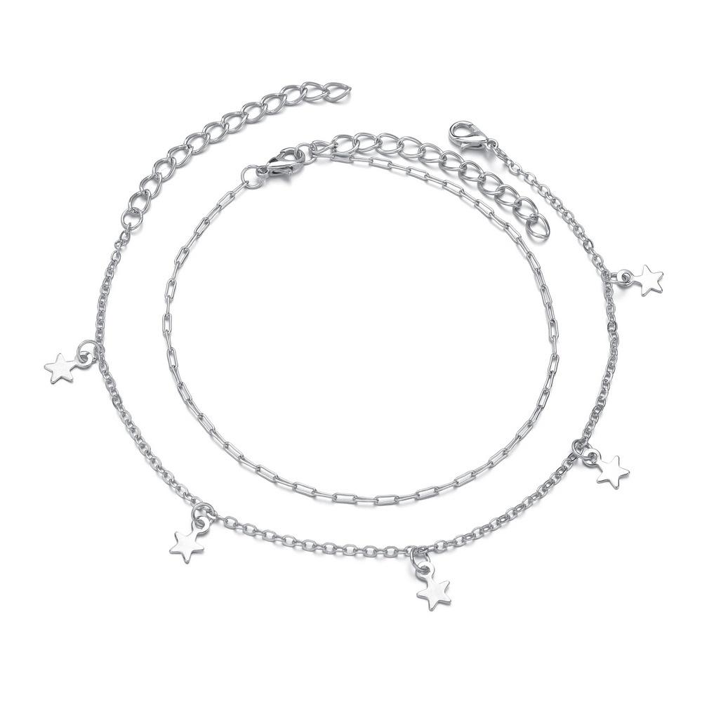 Jewelry summer beach electroplating white K double-layer anklet retro five-pointed star pendant anklet