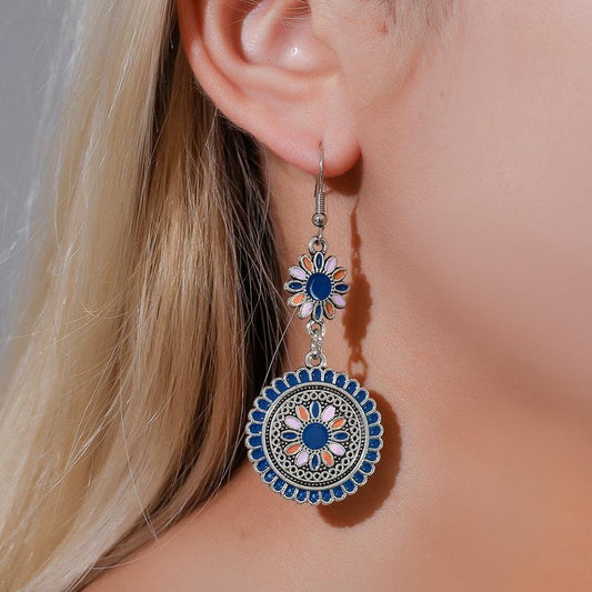 Ethnic color drop oil long small daisy retro earrings palace carved metal flower totem earrings